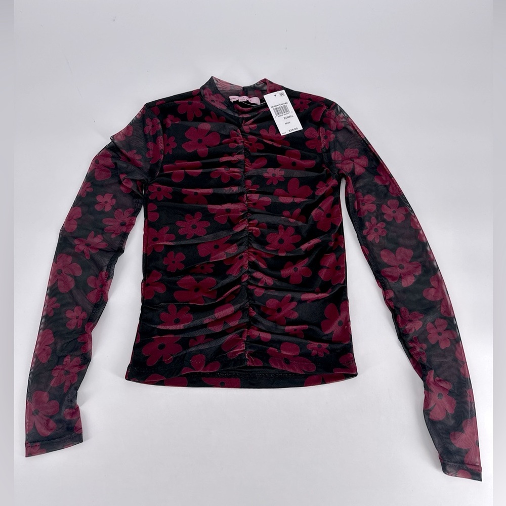 Crave Fame Juniors Ruched-Front Mesh Sleeve Top Red Black‎ Floral Size XS NEW